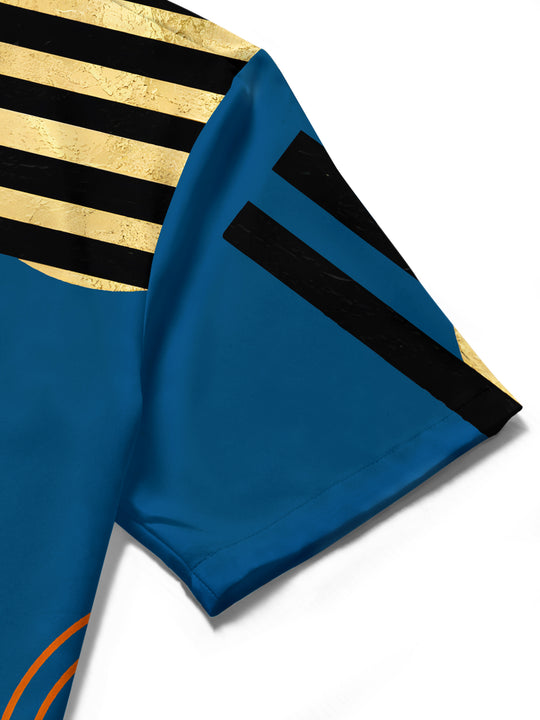 Men's geometric pocket short sleeve shirt detail close-up with precise stitching