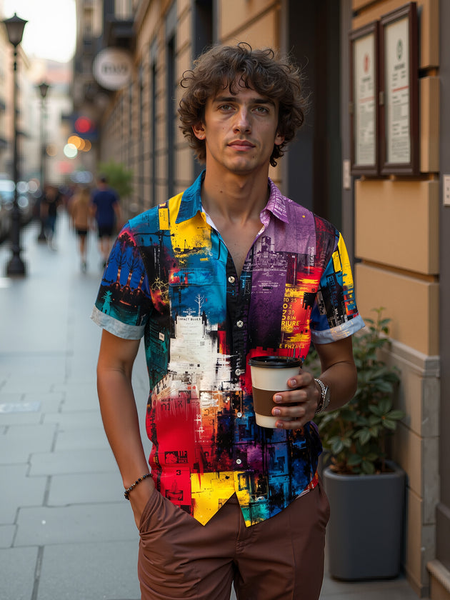 Men's abstract gradient print short sleeve shirt front view
