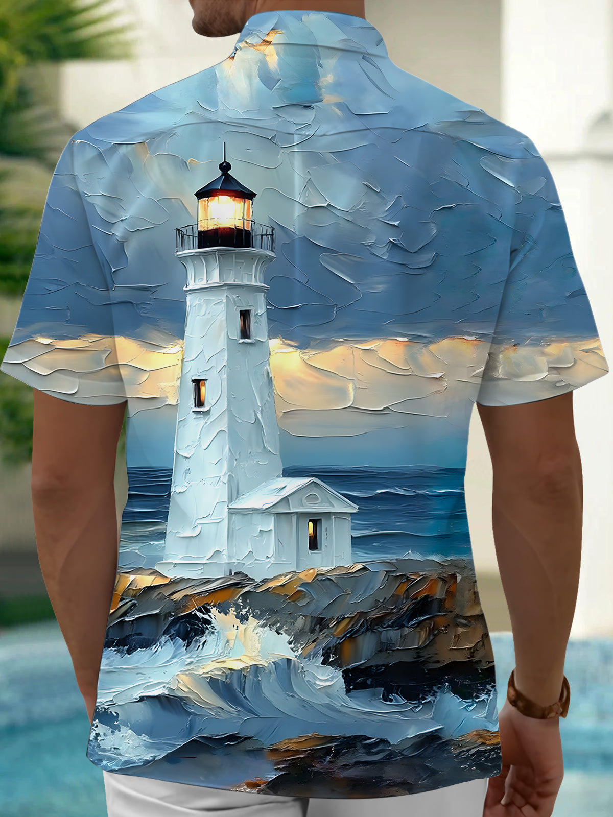 Lighthouse Print Men's Pocket Short Sleeve Shirts