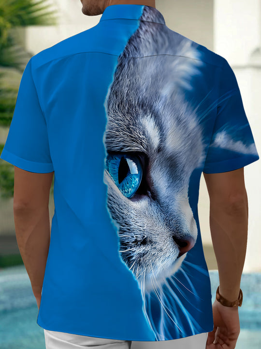 Men's casual art cat print pocket short sleeve shirt back view