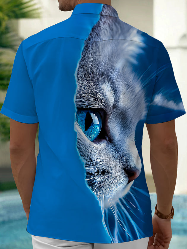 Men's casual art cat print pocket short sleeve shirt back view
