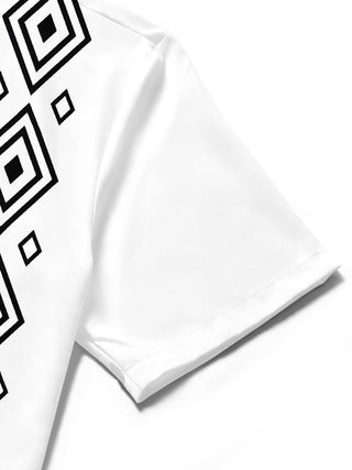Men's geometric pocket short sleeve shirt close-up detail of fabric texture and stitching