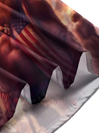 Men's American flag print pocket short sleeve shirt worn in a festive outdoor gathering for Independence Day
