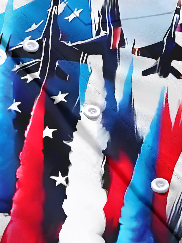 Men's blue airplane pattern short sleeve shirt flat lay