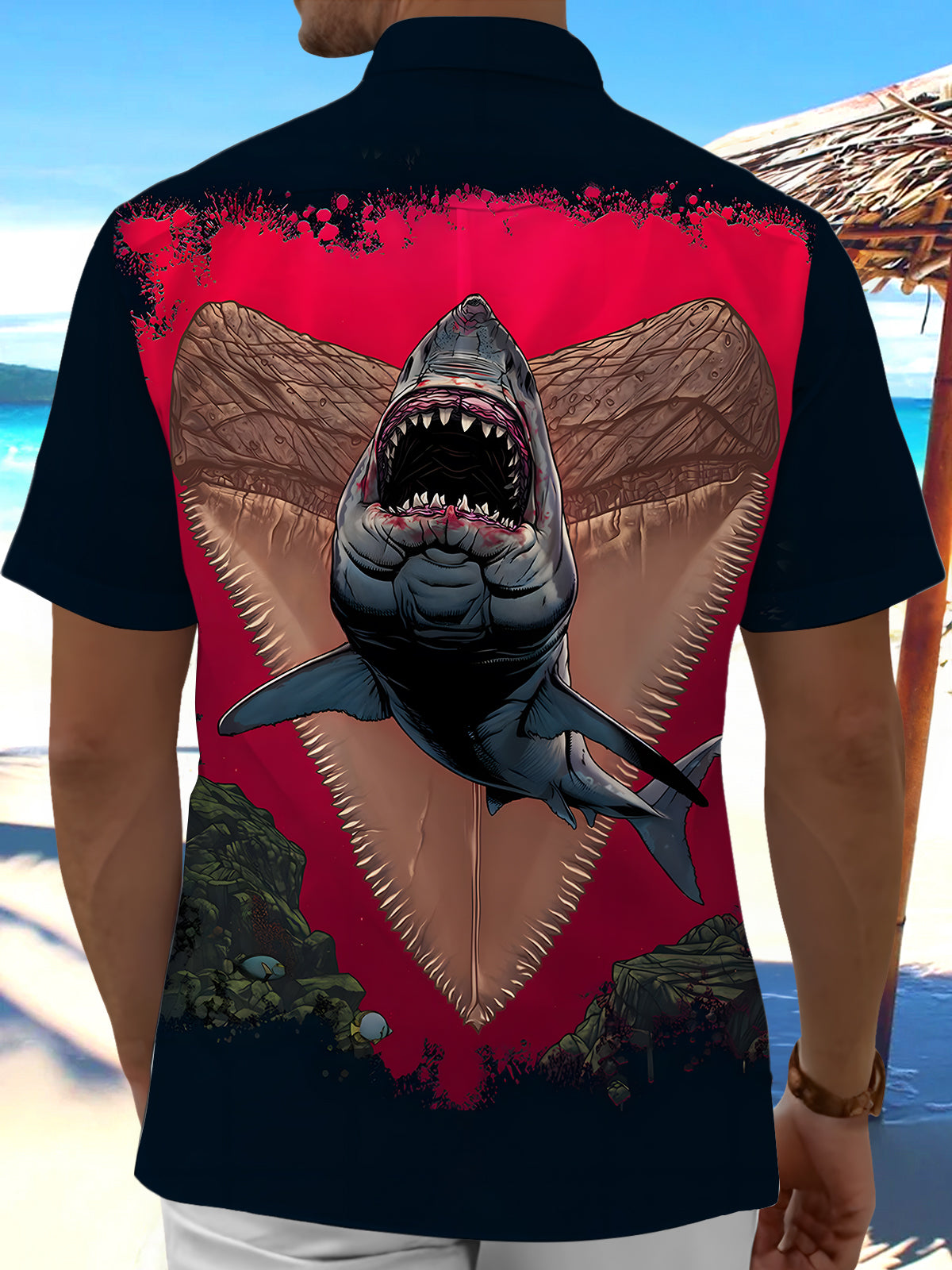 Animal Shark Print Men's Pocket Short Sleeve Shirts