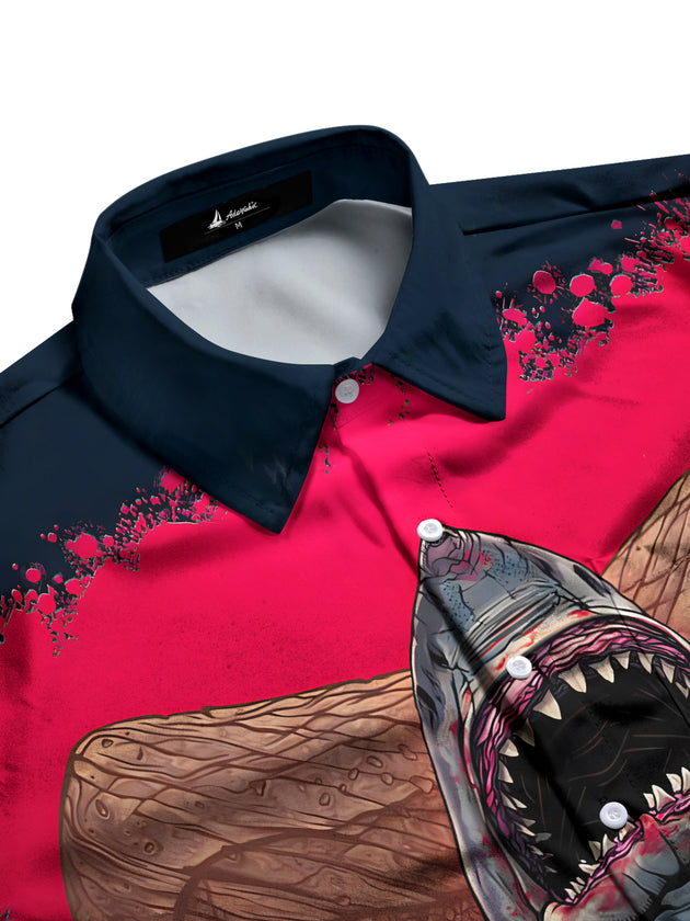 Men's half sleeve pocket shirt featuring animal shark print, side view