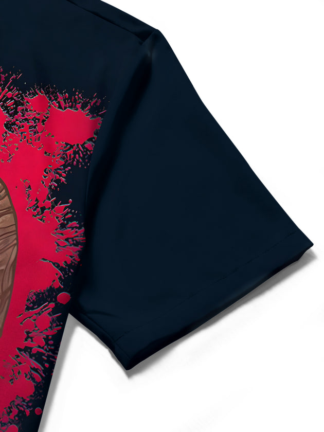 Men's animal shark print short sleeve shirt close-up detail view