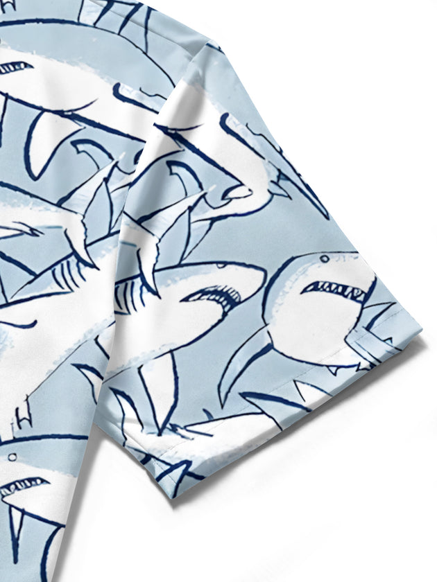 men's shark print shirt close-up short sleeve