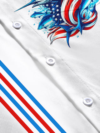 Men's American flag stripes ocean fish print short sleeve shirt flat lay