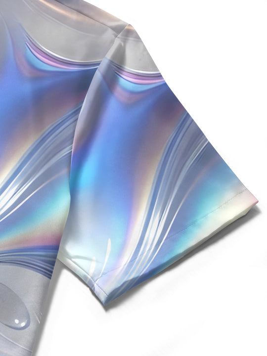 Men's abstract print short sleeve shirt fabric detail close-up