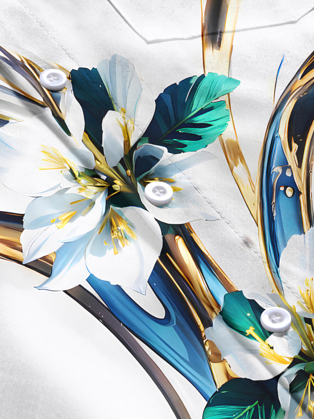 Men's floral short sleeve shirt flat lay pattern detail