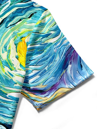 Men's art print pocket short sleeve shirt close-up detail view