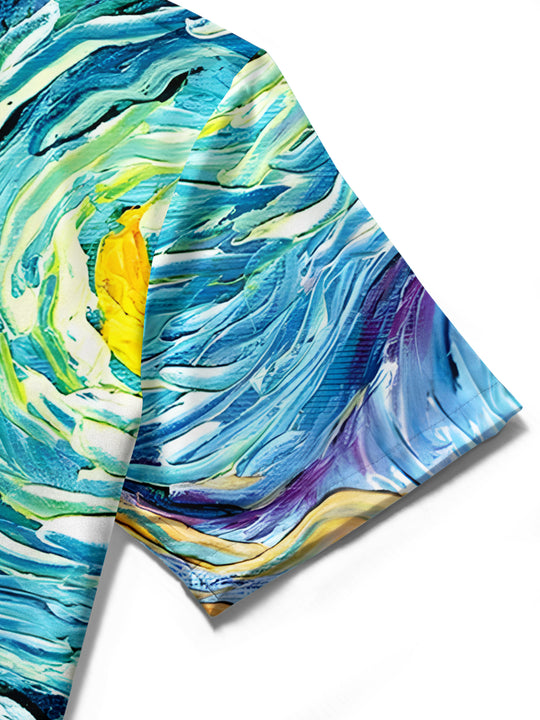 Men's art print pocket short sleeve shirt close-up detail view