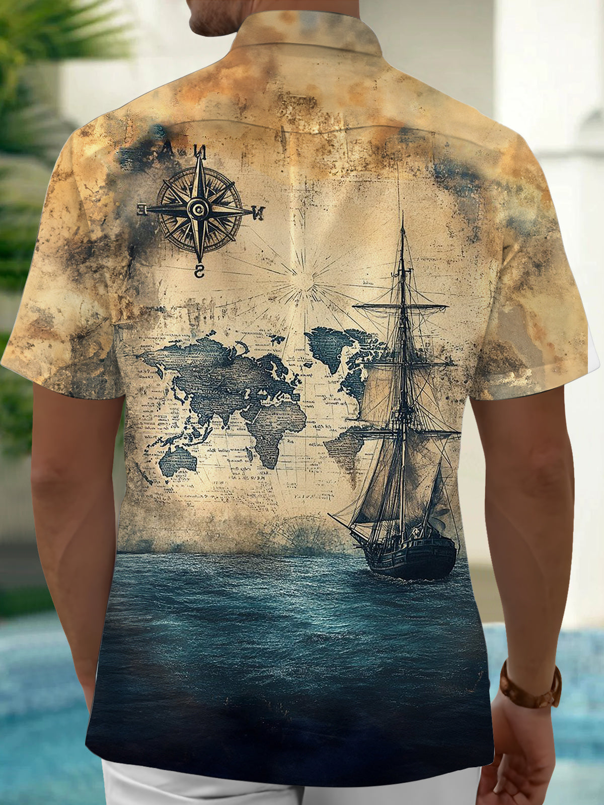 Hawaiian Sailing Sailboat Print Men's Pocket Short Sleeve Shirts