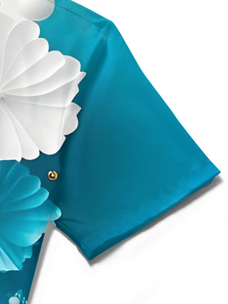 Men's floral short sleeve shirt close-up detail view
