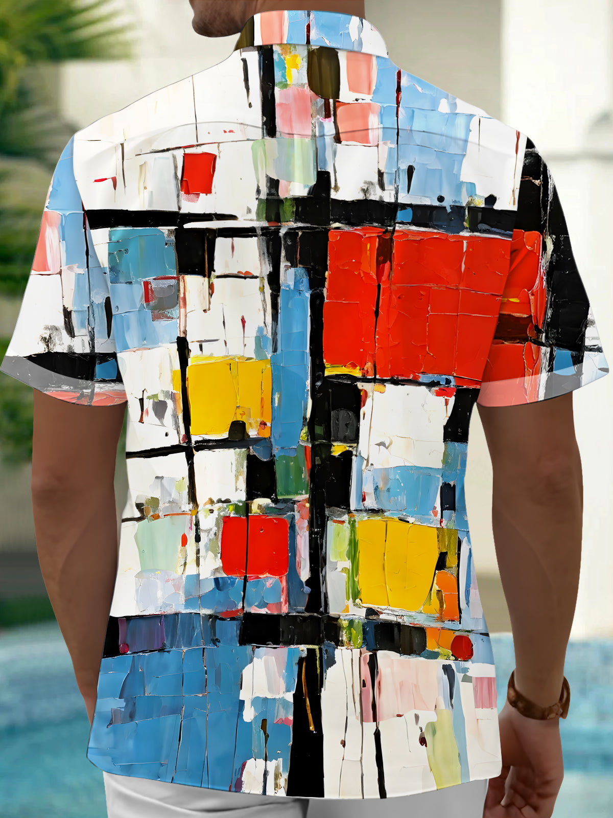 Geometric Color Block Print Men's Pocket Short Sleeve Shirts