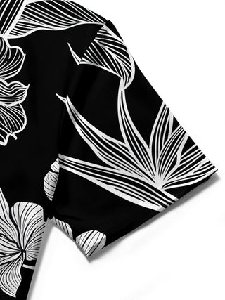 Men's floral short sleeve shirt close-up detail view