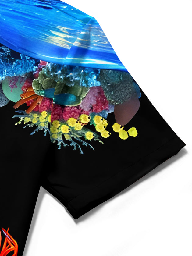 Men's detail close-up of fish print pocket on Hawaiian short sleeve shirt with fabric texture