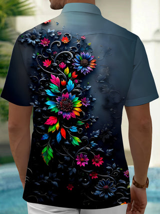Men's blue floral short sleeve shirt back view