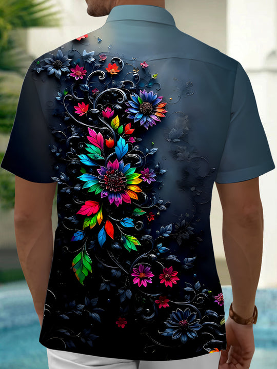 Men's blue floral short sleeve shirt back view
