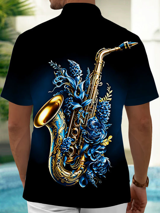 Adaychic Men's Saxophone Floral Graphic Print Short Sleeve Button Down Shirt with Chest Pocket