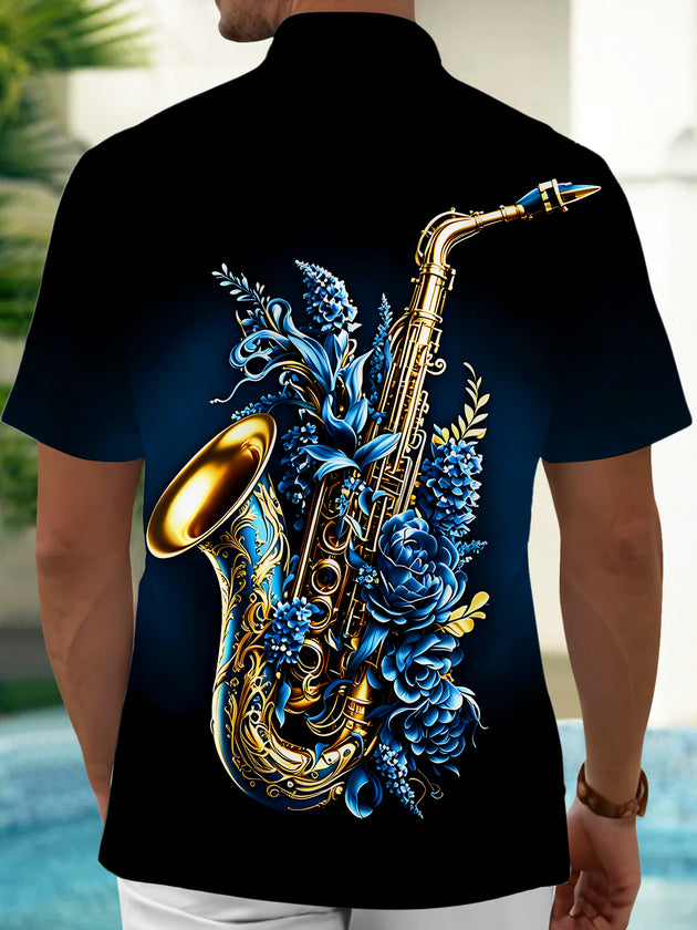 Adaychic Men's Saxophone Floral Graphic Print Short Sleeve Button Down Shirt with Chest Pocket