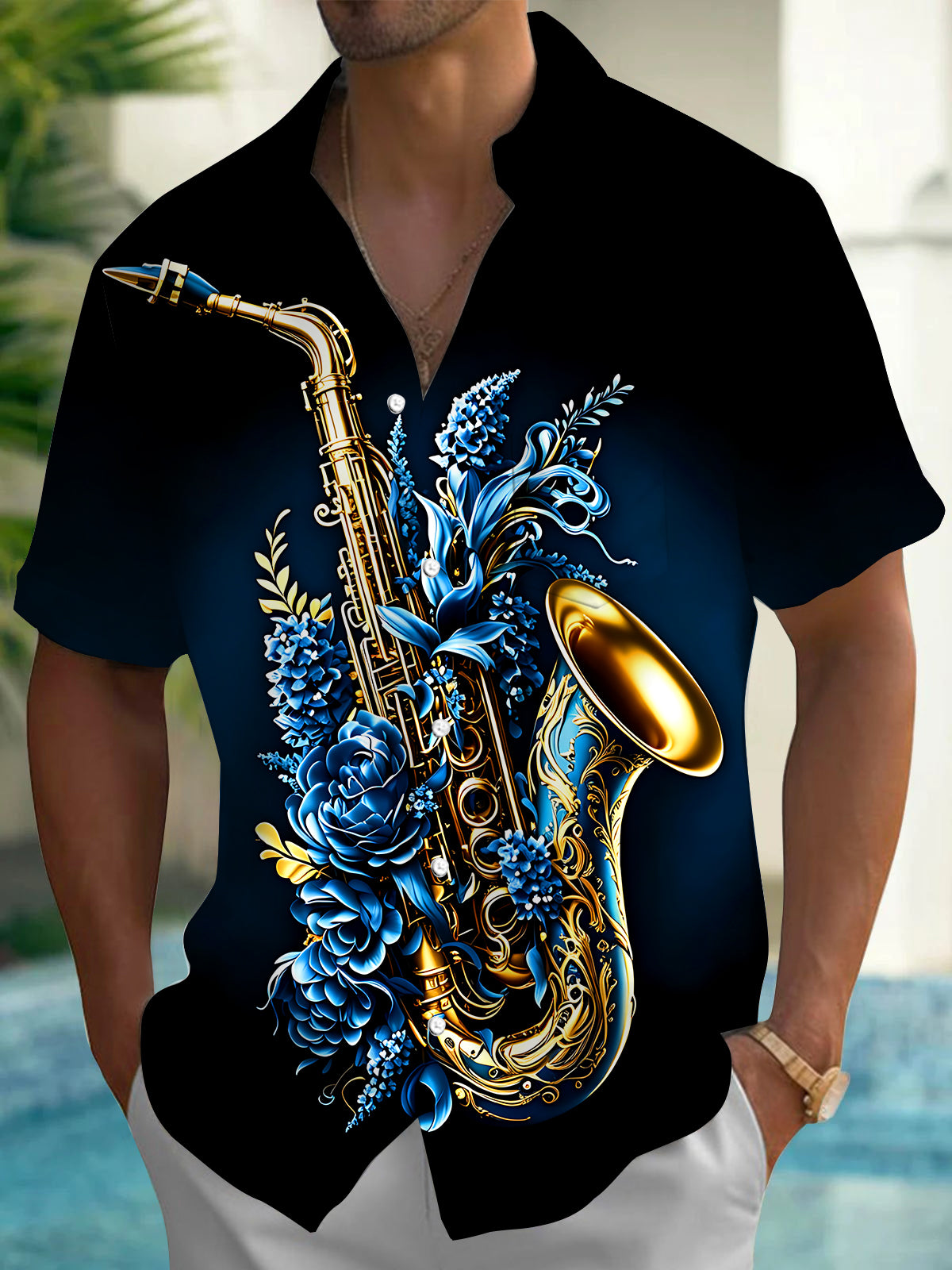 Adaychic Men's Saxophone Floral Graphic Print Short Sleeve Button Down Shirt with Chest Pocket