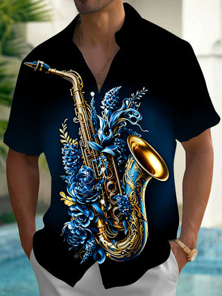 Adaychic Men's Saxophone Floral Graphic Print Short Sleeve Button Down Shirt with Chest Pocket
