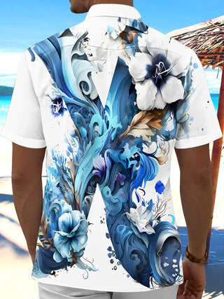 Men's blue floral short sleeve shirt back view