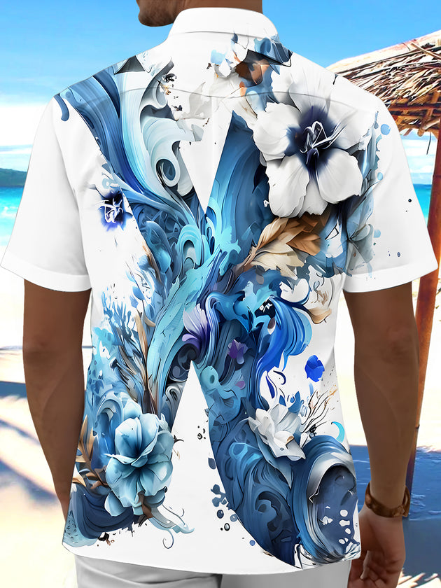 Men's blue floral short sleeve shirt back view
