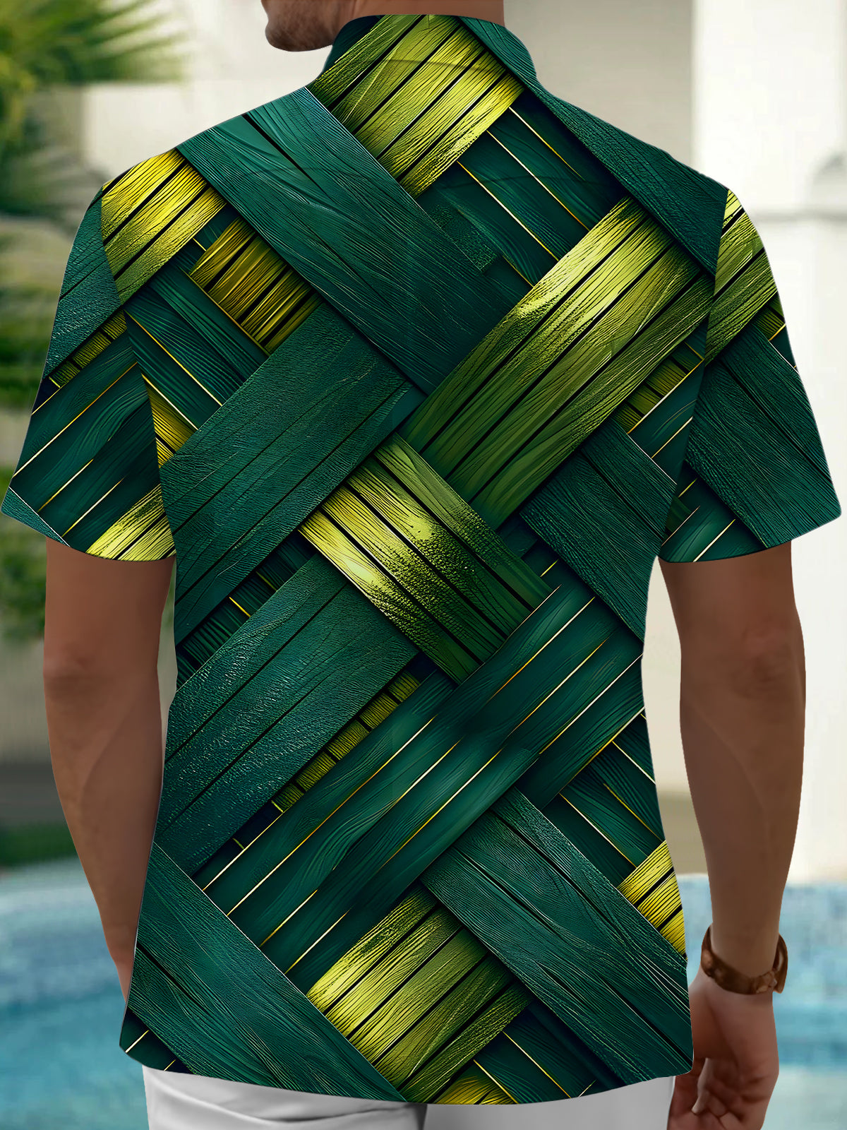 Woven Bamboo Rattan Men's Pocket Short Sleeve Shirts