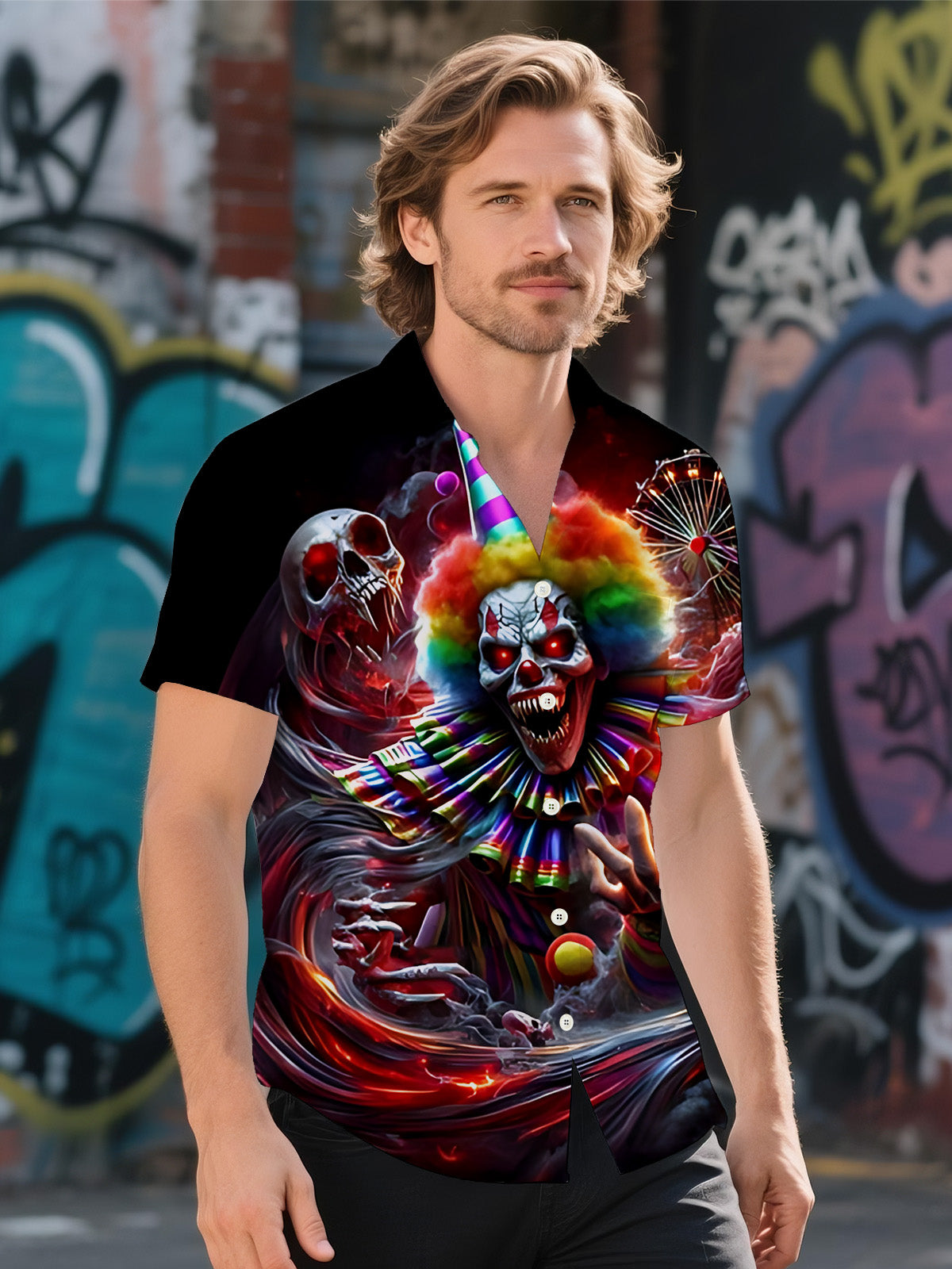 Clown Skull Print Men's Pocket Short Sleeve Shirts