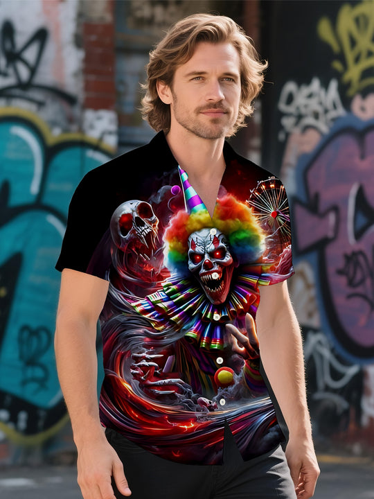 Clown Skull Print Men's Pocket Short Sleeve Shirts