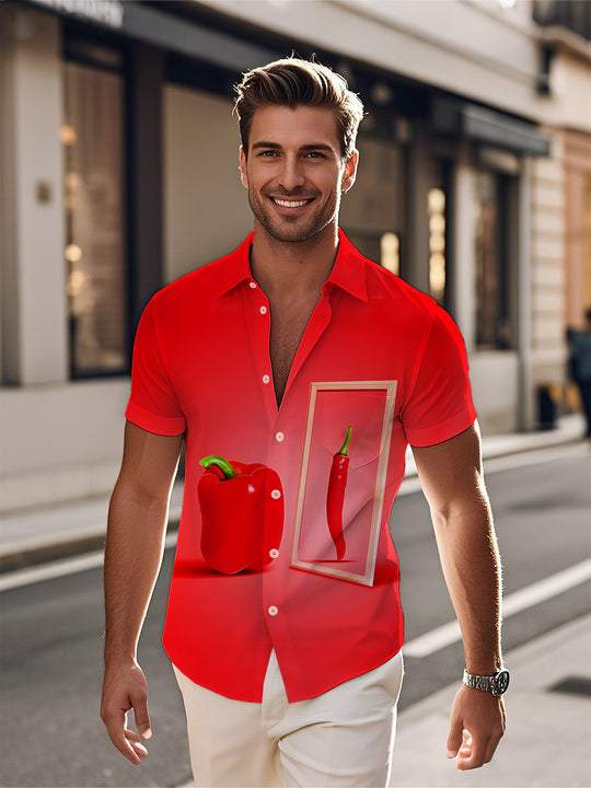 Men's Chili Print Pocket Short Sleeve Shirt Front View