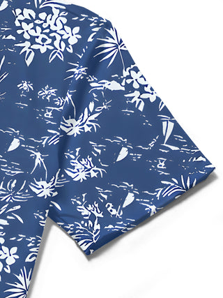 Men's floral short sleeve shirt close-up detail view