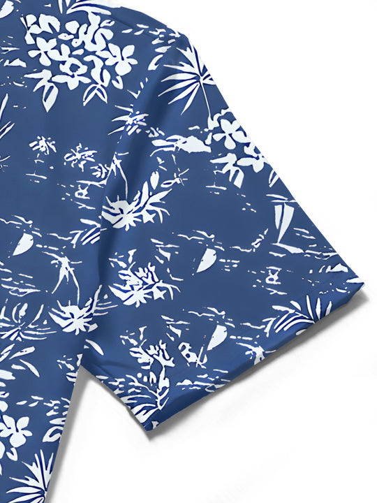 Men's floral short sleeve shirt close-up detail view