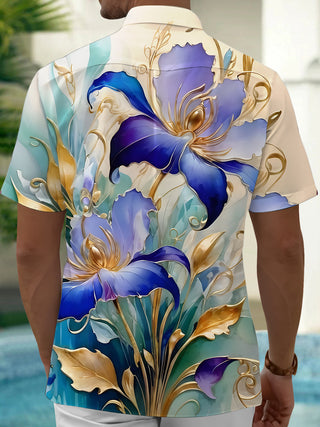Men's blue floral short sleeve shirt back view