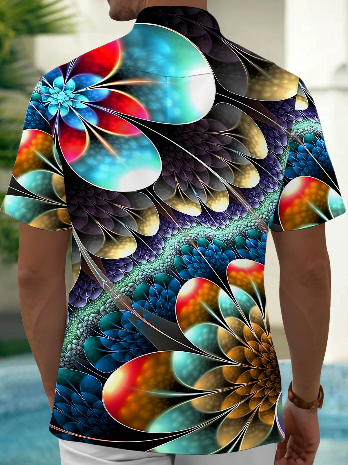 Colorful Geometry Floral Men's Pocket Short Sleeve Shirts