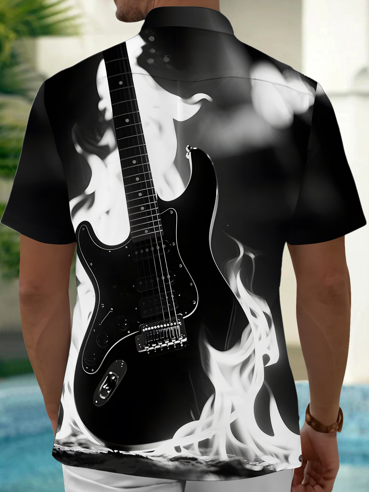 Flame Electric Guitar Men's Pocket Short Sleeve Shirts