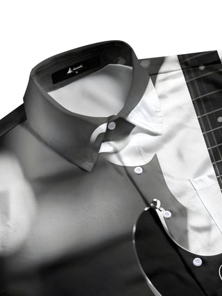 Men's black short sleeve shirt with music print guitar design, side view