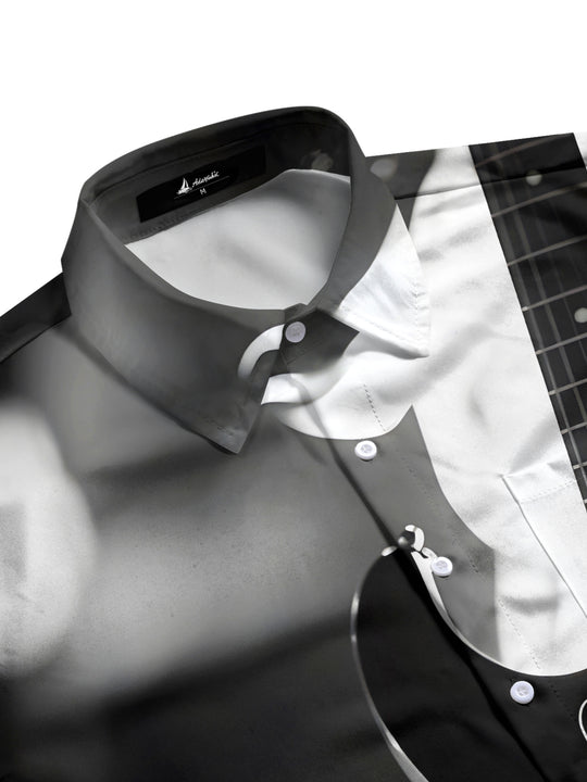 Men's black short sleeve shirt with music print guitar design, side view