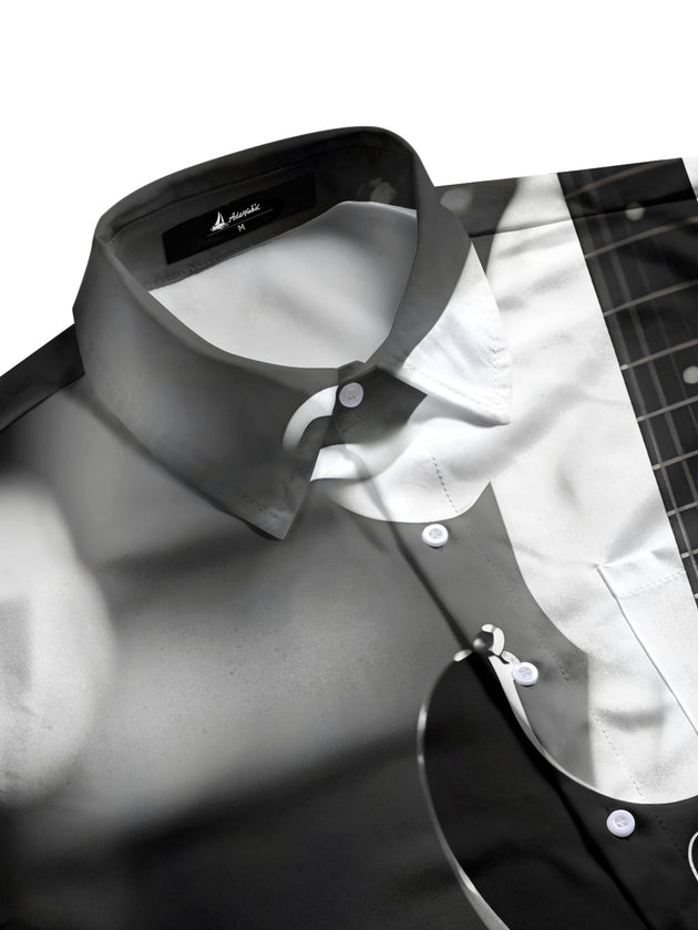 Men's black short sleeve shirt with music print guitar design, side view