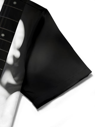 Men's short sleeve shirt with flame guitar print, close-up detail view