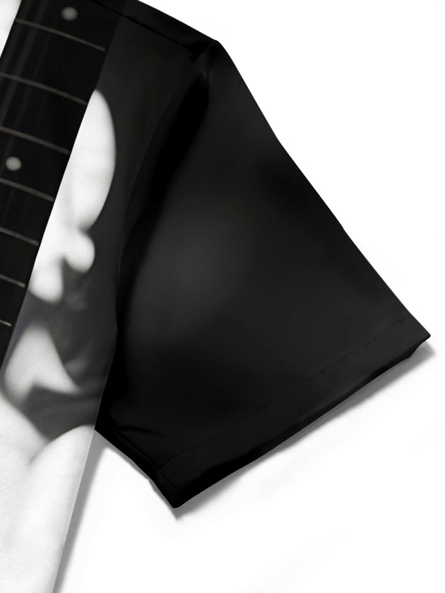 Men's short sleeve shirt with flame guitar print, close-up detail view