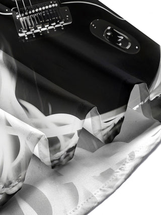 Men's short sleeve shirt with flame electric guitar print and pocket, lifestyle view