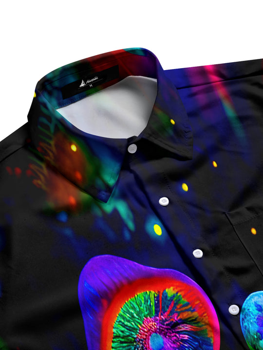 Men's vibrant multicolor mushroom print short sleeve shirt side view