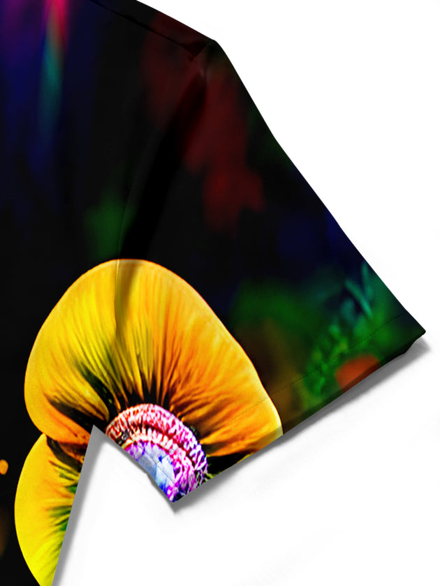 Men's multicolor fluorescent mushroom print short sleeve shirt close-up detail view