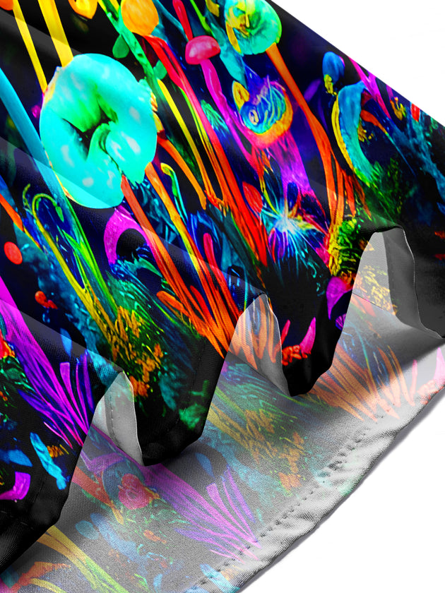 Men wearing fluorescent multicolor mushroom short sleeve shirt outdoors