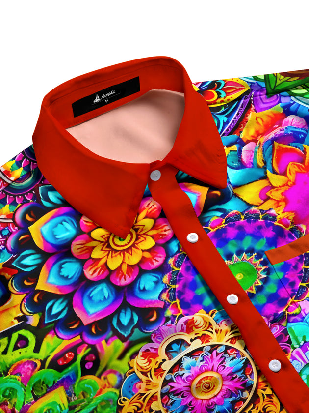 Men's tropical vibrant mandala short sleeve shirt side view