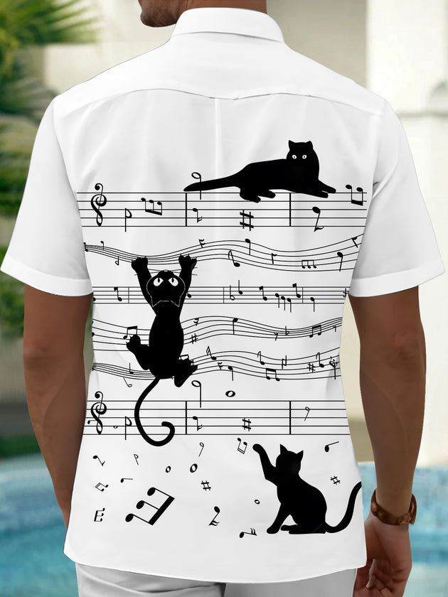 Men's cat music notes print short sleeve shirt back view